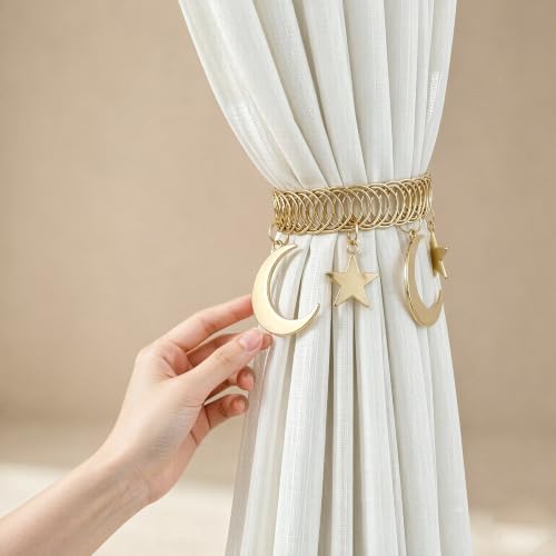 Golden Moon Star Metal Elastic Curtain Tiebacks - 2 Pack, Decorative Boho Holdbacks