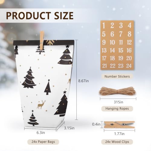 Christmas Advent Calendar Gift Bags Set with 24 Number Stickers & Wooden Clips