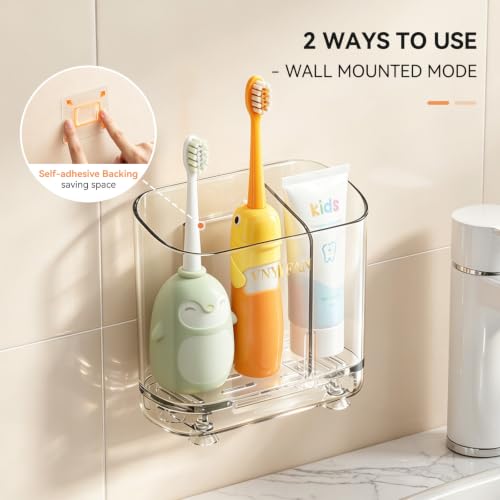 Clear Wall Mounted Electric Toothbrush Holder with 2 Slots & Removable Divider