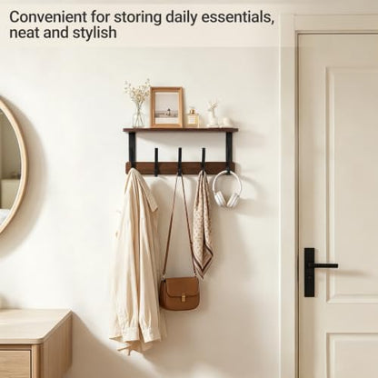 Rustic Wall Coat Rack Shelf with 5 Dual Hooks for Entryway & Home