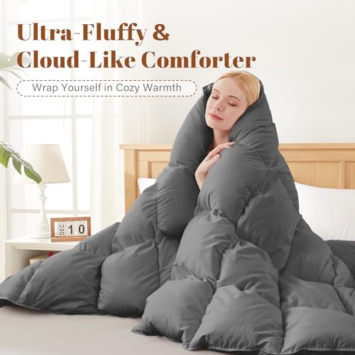 Winter Grey Queen Size Feather Down Comforter - All Season Lightweight Bedding