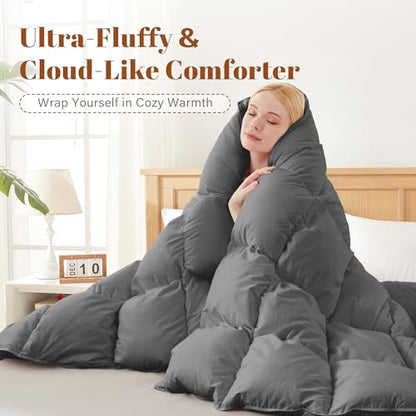 Winter Grey Queen Size Feather Down Comforter - All Season Lightweight Bedding