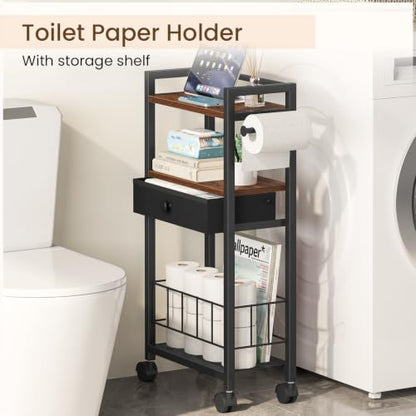 Freestanding Toilet Paper Holder with Storage Drawer & Shelves - Rustic Brown