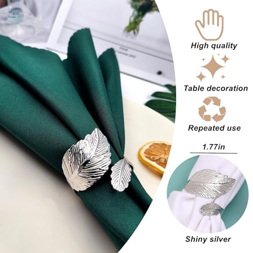 Silver Leaf Napkin Ring Set of 12 - Shiny Metal Table Decor for Holidays