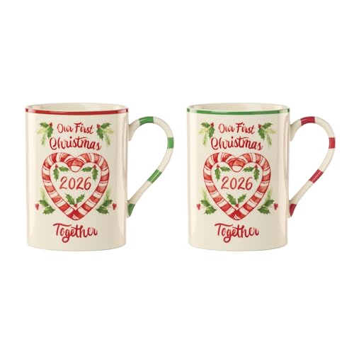 First Christmas Together Mug Set for 2 - Holly & Candy Cane Handles, 16oz