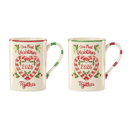 First Christmas Together Mug Set for 2 - Holly & Candy Cane Handles, 16oz