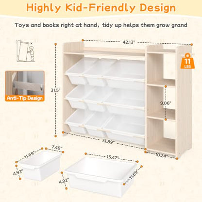 Kids Bookshelf & Toy Organizer - 3-Tier Wooden Storage with Bins, Natural Pine