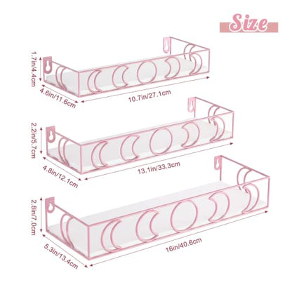 Moon Phase Floating Shelves Set of 3 - White Pink Wall Storage Decor