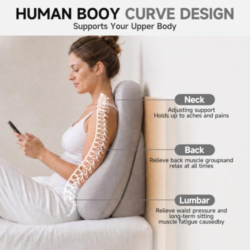24-Inch Light Gray Back Pillow with Adjustable Headrest - Ergonomic Support for Sitting & Reclining