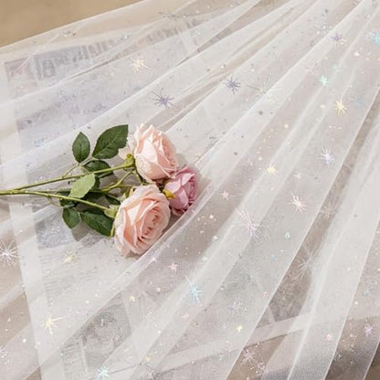 Kids Sheer Canopy Bed Curtains - Sparkly Star Tulle for House, Bunk & Toddler Bed, White, 59x197 Inches