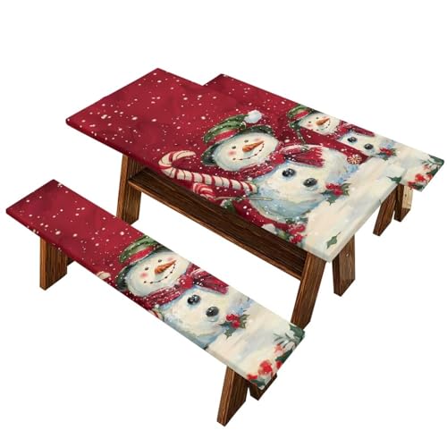 Snowman Picnic Table Cover with Bench Covers - Waterproof Christmas Outdoor Table Cover, 94 x 30 in, Cute Snowman Variation