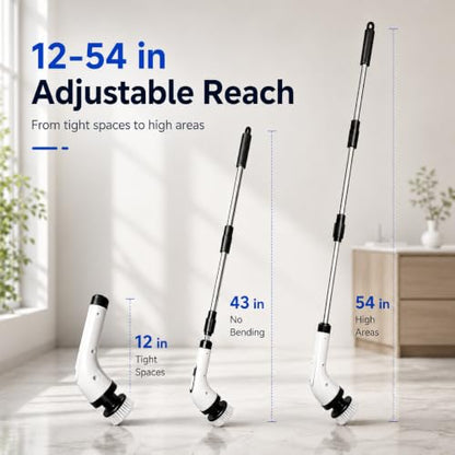 Highyes White Electric Spin Scrubber for Bathroom Cleaning with 7 Brush Heads & Extendable Handle