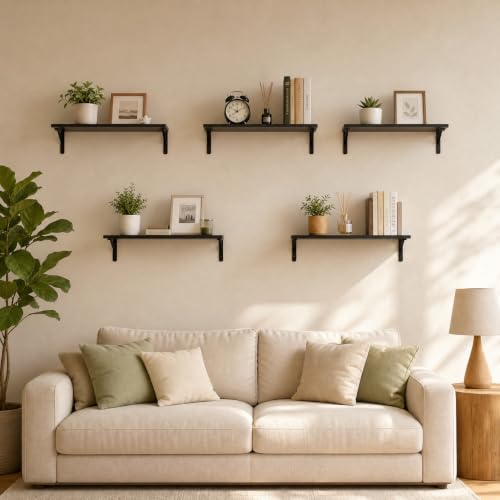 Floating Wall Shelves Set of 5 Black Rustic Wooden Storage Shelves
