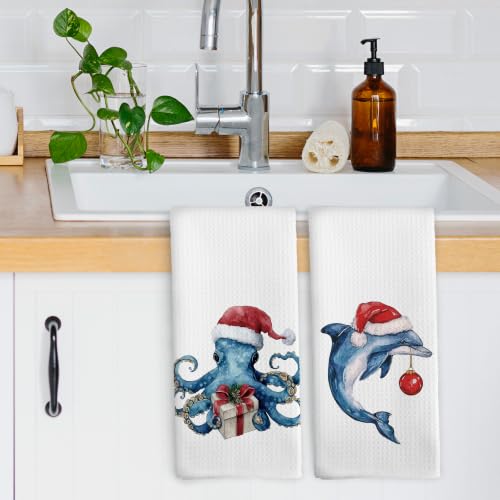 Christmas Dolphin Octopus Kitchen Dish Towels Set of 2 - Coastal Decor