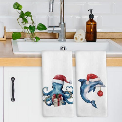 Christmas Dolphin Octopus Kitchen Dish Towels Set of 2 - Coastal Decor