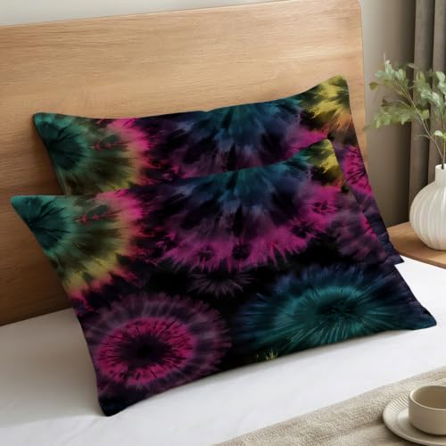 Tie Dye Pillow Cases Set of 2 - Black Teal Purple, 20x26 Inch Microfiber