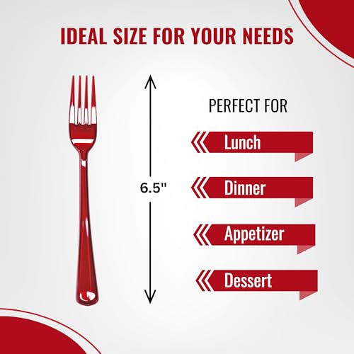 Blue Orchards Clear Red Forks (24 Pack) - Heavy Duty Ruby Red Disposable Flatware