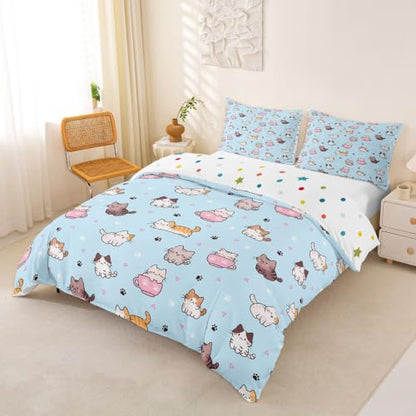 Castle Fairy Kawaii Cat Duvet Cover Set Full Size Blue 80x90 - Cartoon Animal Pet Bedding