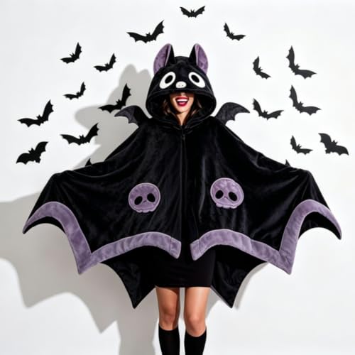 Women Halloween Bat Hoodie Costume with Wings - Soft Bat Blanket Snugie Wearable