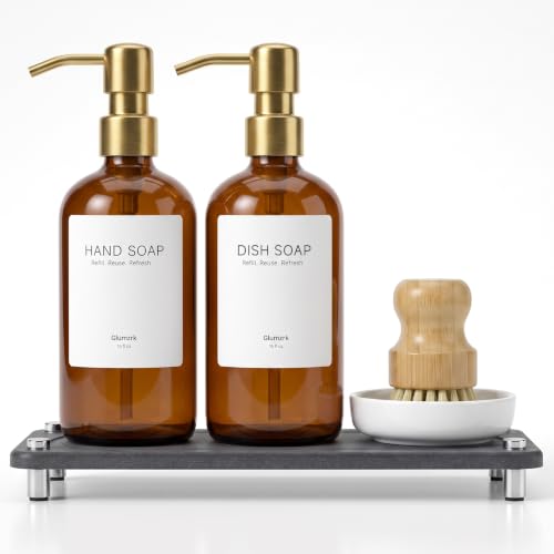 Kitchen Soap Dispenser Set 2 Pack - Amber Glass with Gold Pumps & Accessories