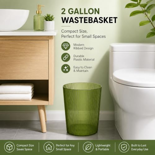 Green Transparent Trash Can - 2 Gallon Slim Plastic Wastebasket for Bathroom & Office
