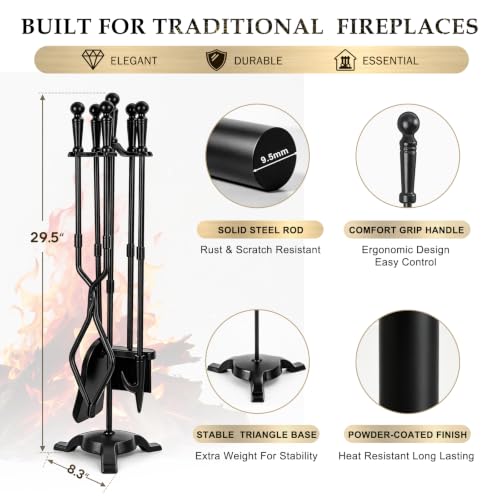 5-Piece Fireplace Tool Set with Stand - Wrought Iron, 29.5 Inches, Black