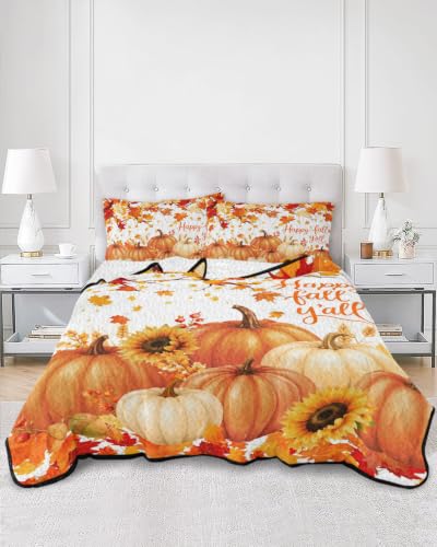 Orange Thanksgiving Twin XL Quilt Set with Pumpkins and Maple Leaves - All Season Bedding with Pillowcases