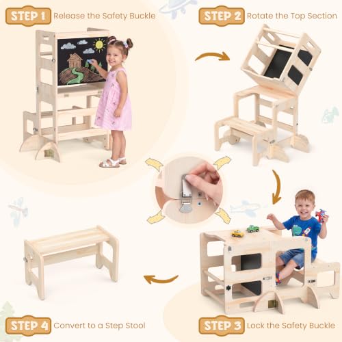 Natural Toddler Kitchen Step Stool 4-in-1 Foldable Learning Tower with Blackboard