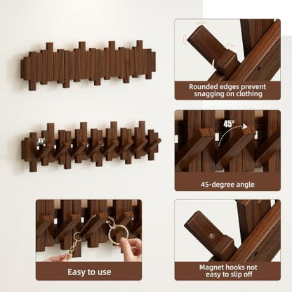 Walnut Wooden Wall-Mounted Coat Rack with 8 Hooks - Flip-Down Space Saver Hanger