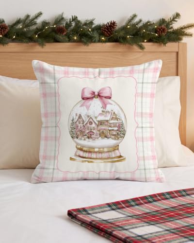 Christmas Snow Globe Pillow Cover 18x18 Pink Village Holiday Decor - Pink Plaid Variation