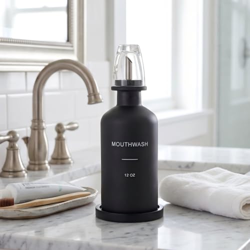 Glass Mouthwash Dispenser Set Black with Reusable Cup & Bamboo Nozzle - 350ml