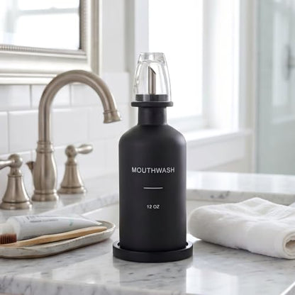 Glass Mouthwash Dispenser Set Black with Reusable Cup & Bamboo Nozzle - 350ml