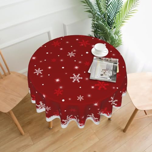White Red Snowflake Christmas Round Tablecloth 60 Inch Water Resistant Fabric