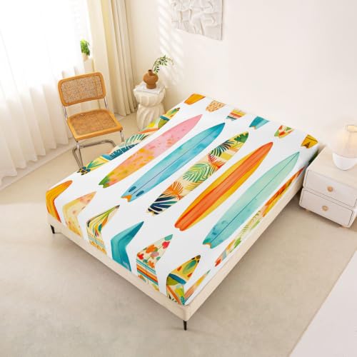 Colorful Surfboard Bed Sheets Set Full Size Beach Style Kids Bedding - Tropical Wave Print