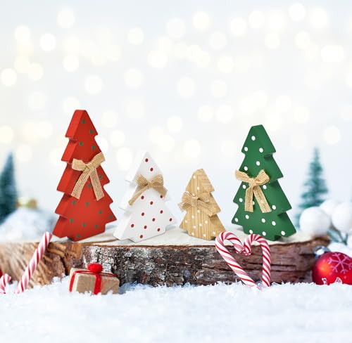 Set of 4 Wooden Christmas Tree Decorations - Holiday Centerpiece