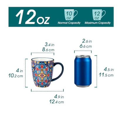 12 oz Coffee Mugs Set of 6 - Ceramic Boho Style Drinkware with Handle