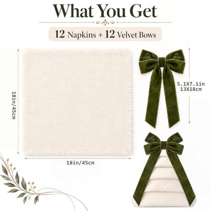 FoldTier Christmas Cloth Napkins Set with Velvet Bows - Green, 12 Pack