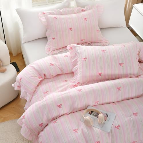 Pink Striped Bow Queen Duvet Cover Set with Ruffles - Romantic Bedding