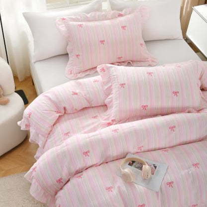 Pink Striped Bow Queen Duvet Cover Set with Ruffles - Romantic Bedding