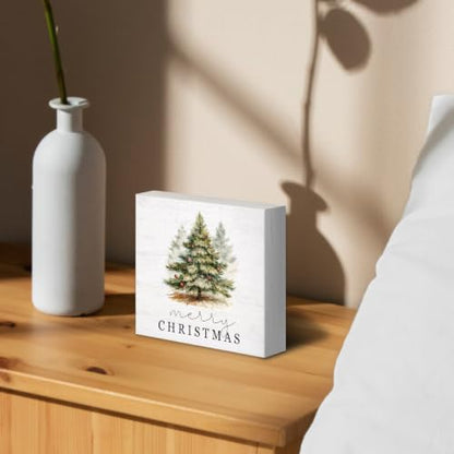 Christmas Pine Tree Farmhouse Wood Box Sign - Winter Holiday Decor 5x5 - Color 11