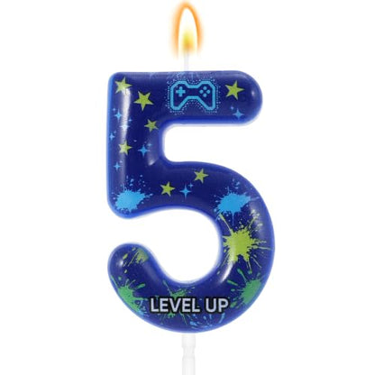 Blue Video Game Birthday Candle Gamer Number 5 Cake Topper - Level Up Design