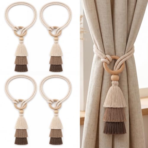Cotton-Linen Curtain Tiebacks with Tassels - 3 Tone Layered 4 Pack - Natural Decor