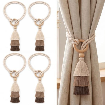 Cotton-Linen Curtain Tiebacks with Tassels - 3 Tone Layered 4 Pack - Natural Decor
