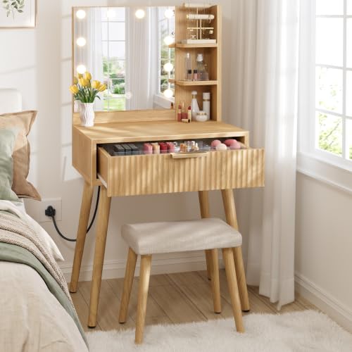 Makeup Vanity Desk with Lights and Stool – 24 inch, 2 Outlets, 2 USB, 10 Bulbs