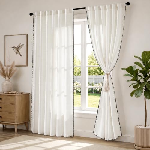 Cream Linen Semi Sheer Curtains 84 Inches Long - Pack of 2, Embroidered Trim