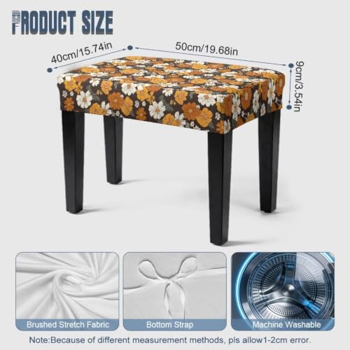 Jeiento Retro Orange Daisy Flower Piano Bench Cover Small - Non-Slip Elastic Seat Protector