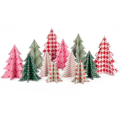 12 Pack Paper Christmas Tree Decorations - Hanging 3D Holiday Trees - Multi-Style