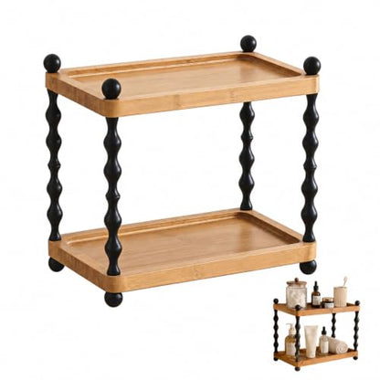 Wooden 2-Tier Bathroom Counter Organizer with Spindle Legs, Vanity Storage Shelf