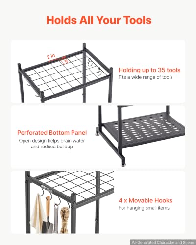 Small Garden Tool Organizer Rack with 35 Slots & Hooks - Metal Garage Storage