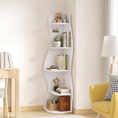White 5-Tier Corner Shelf with S-Shaped Modern Curved Design